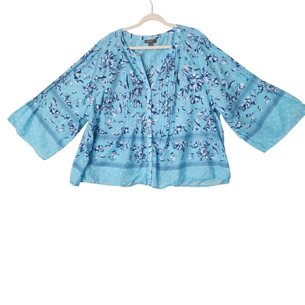 Style & Co Womens 4X Blue Floral Pintuck Cotton Button Up Blouse 3/4 Sleeve Top